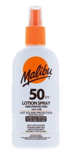 Malibu SPF50 Lotion Spray 200ml Vannavstøtende med Aloe Vera Malibu SPF50 Lotion Spray 200ml Vannavstøtende med Aloe Vera