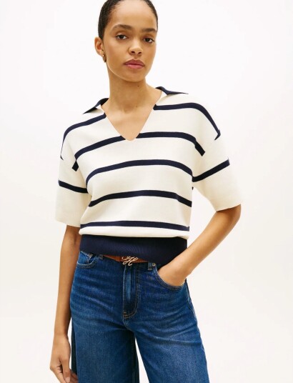 Tommy Hilfiger Co Full Needle Polo Ss Swt   Cream   S