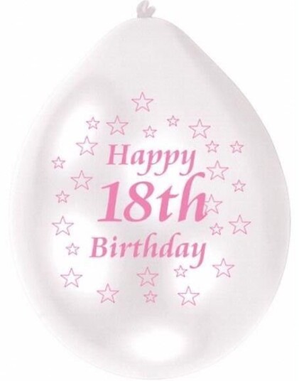 Happy 18th Birthday 10 stk Hvite og Rosa Ballonger med Stjerner 23 cm
