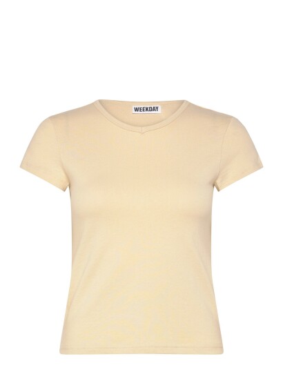 Weekday Slim Short Sleeved V Neck T Shirt Cream XXS