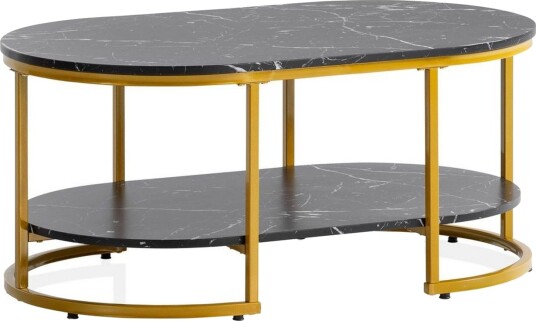 Sofabord Wohnling marmorutseende oval 100 cm med oppbevaringshylle, Bauhaus-stil Svart marmor - Svart marmor