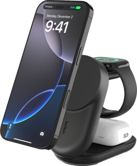 Belkin 25W Qi2 3-i-1 magnetisk trådløs lader Sort