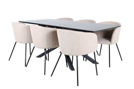 Venture Design Piazza & Berit spisegruppe Beige/svart 6 stoler & bord 180 x 90 cm