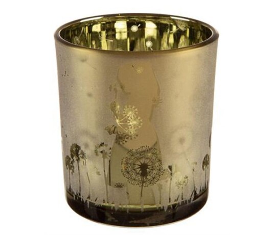 Telysglass jente med blomster frostet grønt glass