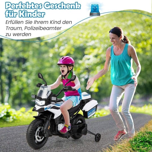 Politimotorsykkel for barn batteridrevet motorsykkel med 2 treningshjul 110 x 82,5 x 63 cm hvit