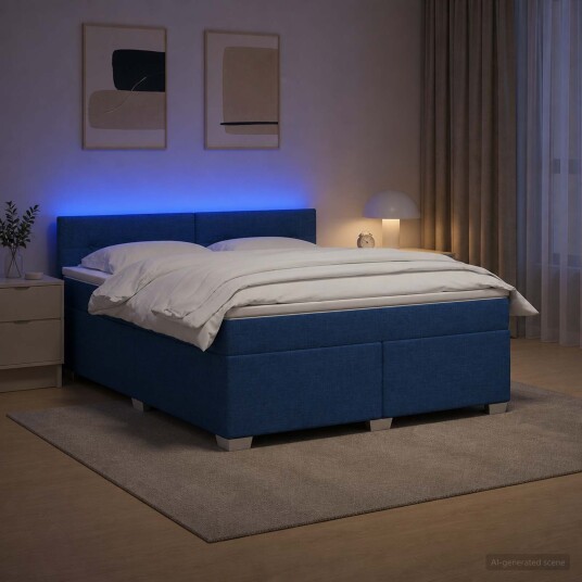 vidaXL Box Spring Seng med Madrass og LED Blå 160 x 200 cm Stoff