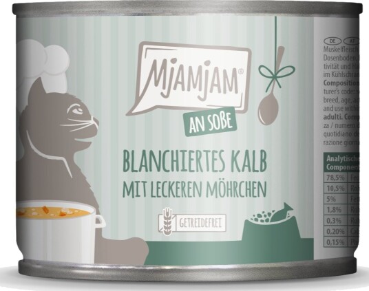 Mjamjam våtfôr med i saus blancherte kalvekjøttstykker med smakfulle gulrøtter 24 x 185 g