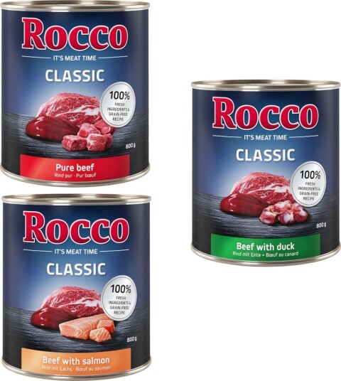 Rocco Våtfôr Økonomi Classic Eksklusiv Blanding Rent Storfekjøtt Storfekjøtt Laks Storfekjøtt Gjess 12 X 800 G