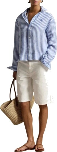 Polo Ralph Lauren Wide Cropped Gingham Linen Shirt Blue XL