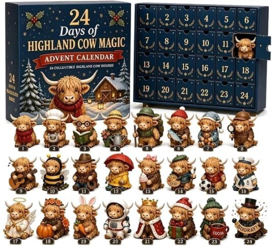 Adventskalender 2026 Highland Ku 24 dager med 3D figurer julekalender og samlefigurer for kuelskere