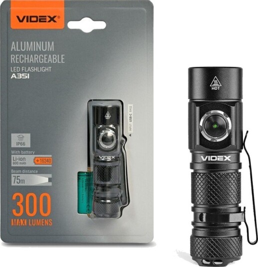Videx LED bærbar lommelykt - Oppladbar, Vanntett, 300lm, 5000K - Kulør : Nøytral