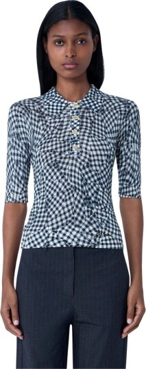 Ganni Sheer Cotton Printed Polo Top Black XS