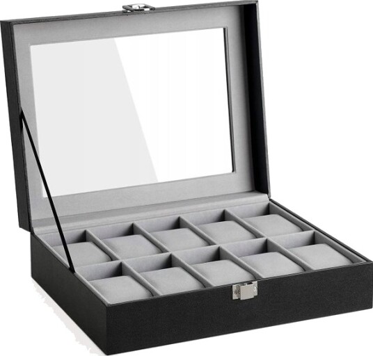 Songmics Organizer Med 10 Spor Etui Med Glasslokk Displayboks Med Avtakbare Puter Metalllås