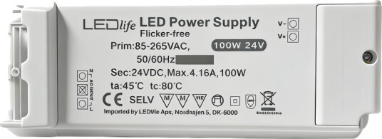 100W / 24V DC strømforsyning   4,16A IP20 innendørs Flicker free