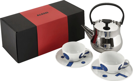 Alessi Set Consisting Of Kettle ‘Cha’ And Two Teacups With Saucers In Decorated Porcelain   Silver   