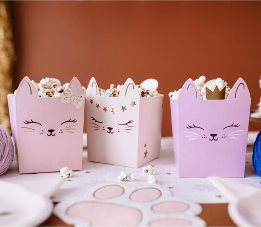 Partydeco 3 stk Lys Rosa Katte Snack/Popcornbeger med Gullfolierte Detaljer 10x14 Kitty Party