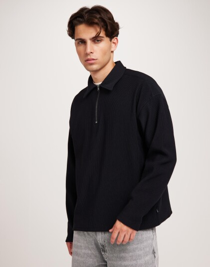 Jack & Jones Jorrick Plisse Sweat Zip Split Polo Gensere med glidelås Svart