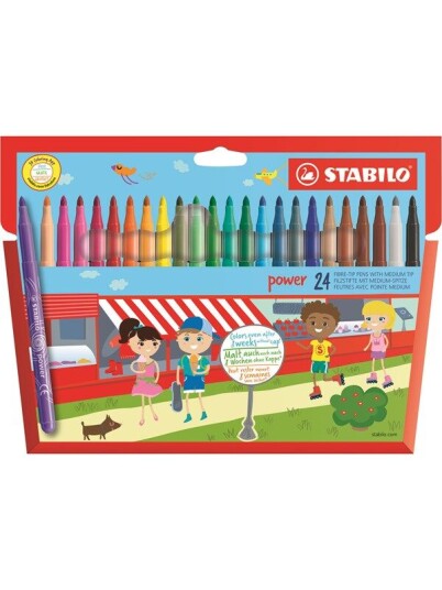 STABILO power fibre tip pen cardboard wallet of 24 pens washable ink cap off time 8 weeks STABILO power fibre tip pen cardboard wallet of 24 pens washable ink cap off time 8 weeks