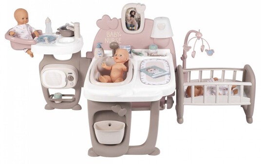 Smoby Baby Nurse stort lekesenter til dukke med spiseområde, stellebord og vugge med 19 tilbehør