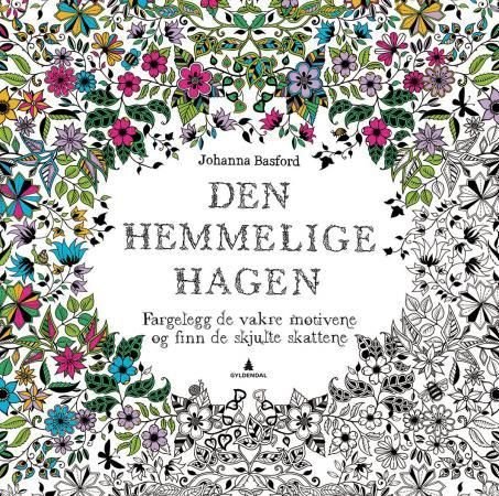 Den hemmelige hagen. Fargelegg de vakre motivene og finn de skjulte skattene, Pent brukt bok med markeringer