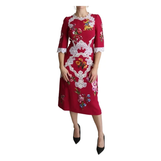 Dolce & Gabbana Red Floral Embroidered Sheath Midi Dress Rød S