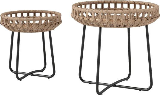 Sett med 2 sidebord polyrattan Ø60/41 cm rundt værbestandig hagebord med X ben justerbare fotputer utendørs balkongbord salongbo