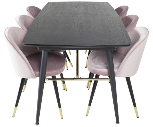 Venture Design Black Veneer & Velvet spisegruppe Svart/svart 6 st stoler & bord 180 x 85 cm