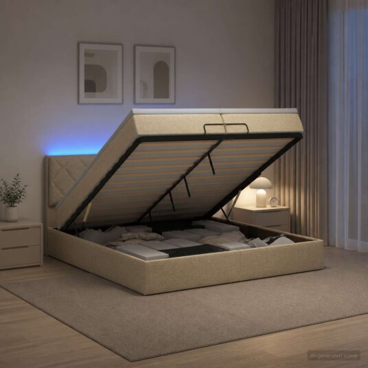 vidaXL Ottoman Seng med Madrass og LED Krem 200 x 200 cm Stoff