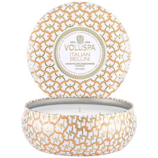 Voluspa Italian Bellini Maison Blanc 3-Wick in Decorative Tin 40h Voluspa Italian Bellini Maison Blanc 3-Wick in Decorative Tin 40h