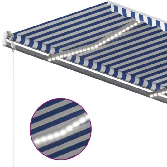 vidaXL Manuell uttrekkbar markise med LED 450x350 cm blå og hvit