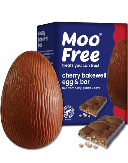 Moo Free Cherry Bakewell Egg and Bar   Vegansk Sjokoladeegg og Sjokoladebar med Cherry Bakewellsmak og Crunchy Biter 135 gram