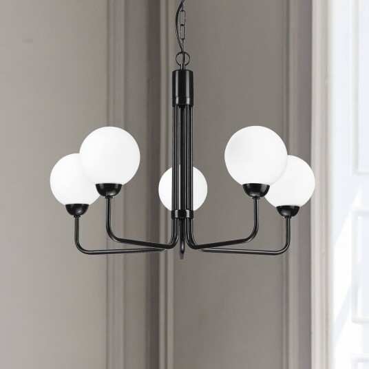 Lamkur Lysekrone Malou med glass-skjermer 5 lyskilder
