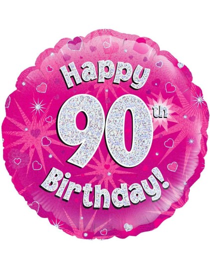 Happy 90th Birthday Rosa Holografisk Folieballong 45 cm