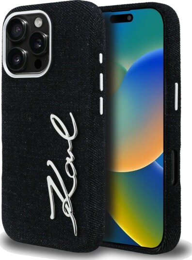 Karl Lagerfeld iPhone 16 Pro Max Mobildeksel med Signaturlogo i Denim - Sort Karl Lagerfeld iPhone 16 Pro Max Mobildeksel med Signaturlogo i Denim - Sort