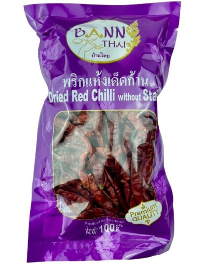Tørkede Store Chilier uten Stilk   Bann Thai 100 gram Thailand