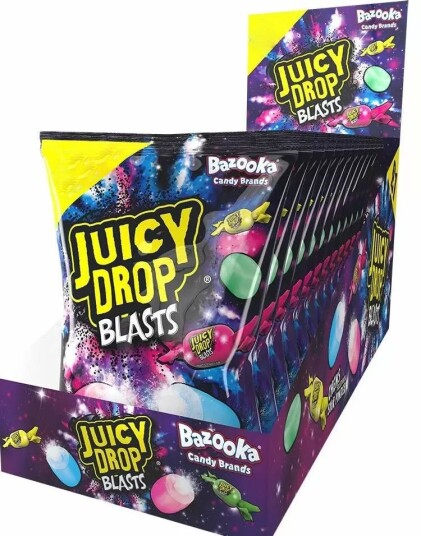 Hancocks 12 stk Poser med Bazooka Juicy Drop Blasts Karameller med Surt Pulverfyll Hel Eske 144 kg