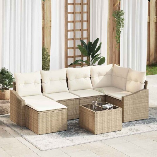7-delt hagesofa sett med puter i brunt poly rattan