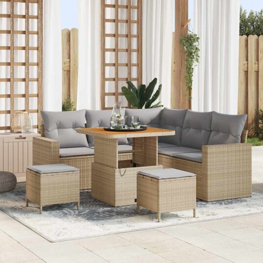 vidaXL Hagesofa Set 9 stk. 6-Antall seter Beige og lys grå polyrotting