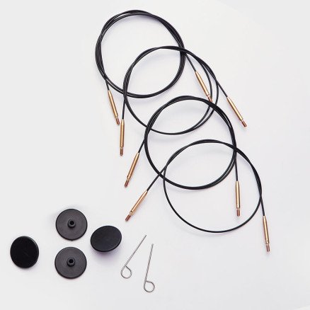 KnitPro Wire / Cable Swivel for utskiftbare rundstrikkepinner 126 cm blir 150 cm inkl. pinner Svart m. gullfeste