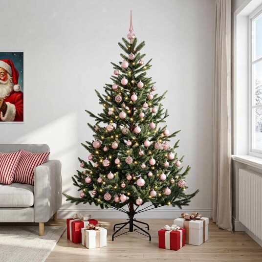 vidaXL Kunstig juletre med julekuler 240 cm 300 LED-lys Varmhvit