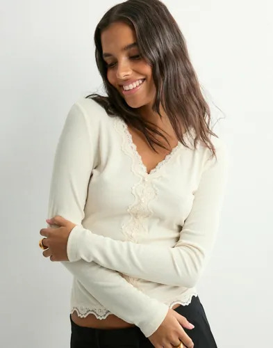 Only Beige Onlenea L/S Lace Mix Placket Top Jr