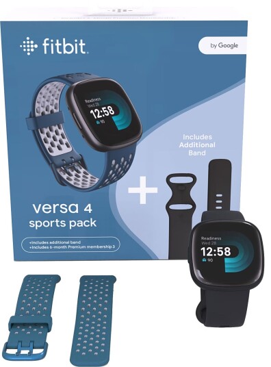 Fitbit Versa 4 smartklokke samlepakke (sort/safir) Fitbit Versa 4 smartklokke samlepakke (sort/safir)