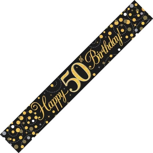 Happy 50th Birthday 2,7 Meter Svart og Gullfarget Holografisk Banner