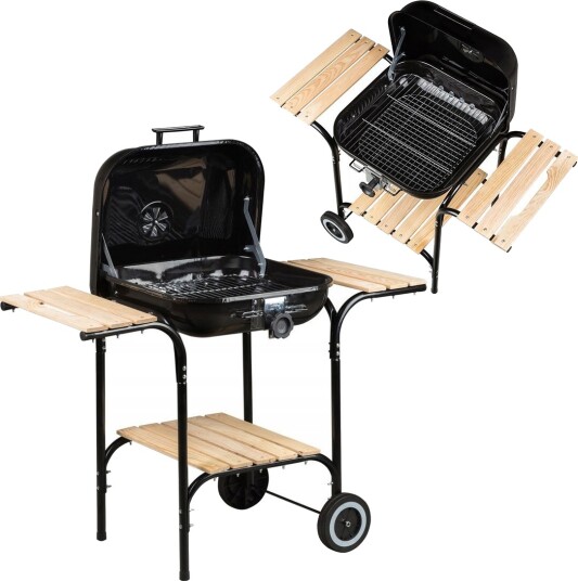 Stor hagegrill med justerbar rist og trehyller Stor hagegrill med justerbar rist og trehyller