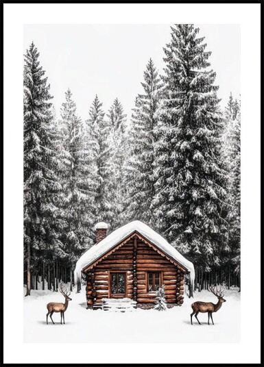Hut in a Snowy Forest and Deer Plakat Plakat / 50x70cm
