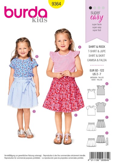 Burda 9364 - T-skjorte og skjørt EUR: 92-122, US 2-7