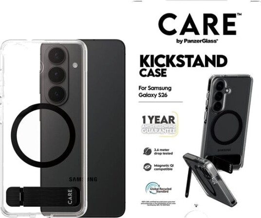 PanzerGlass Urban Explorer Mobildeksel med Kickstand og Qi-kompatibilitet for Samsung Galaxy S26 - Gjennomsiktig/Svart