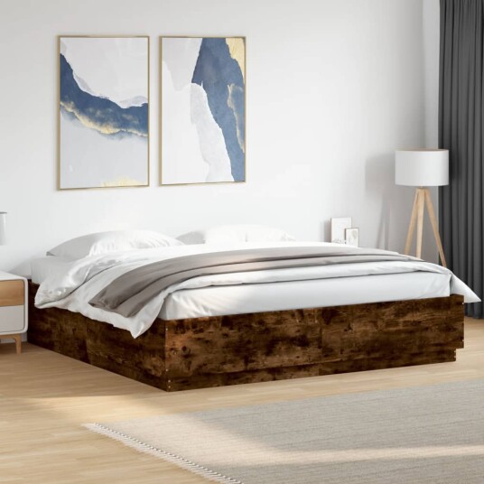 Sengeramme med LED-lys røkt eik 200x200 cm konstruert tre 8721012273221
