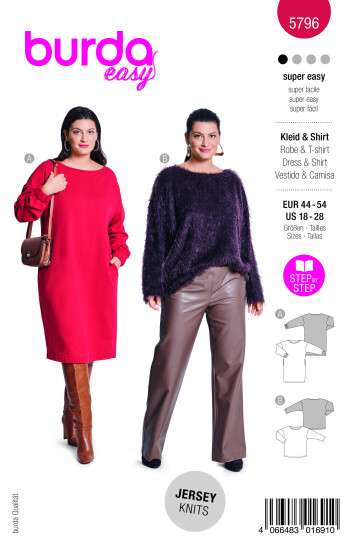 Burda 5796 - Kjole og Genser EUR: 44-54 US: 18-28