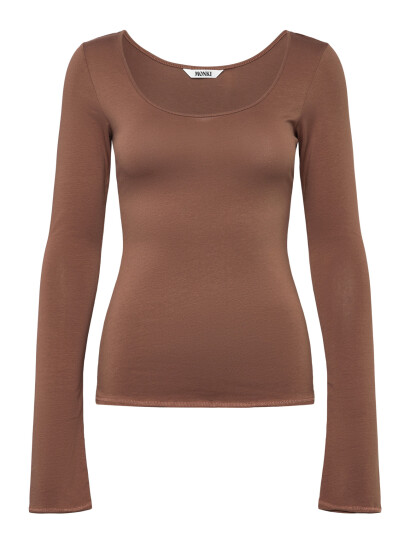 Monki Long Sleeved Slim Fit Scoop Neck Top Brown L